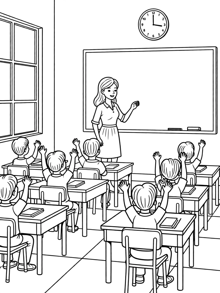 A classroom scene with a teacher at the blackboard and students sitting at desks