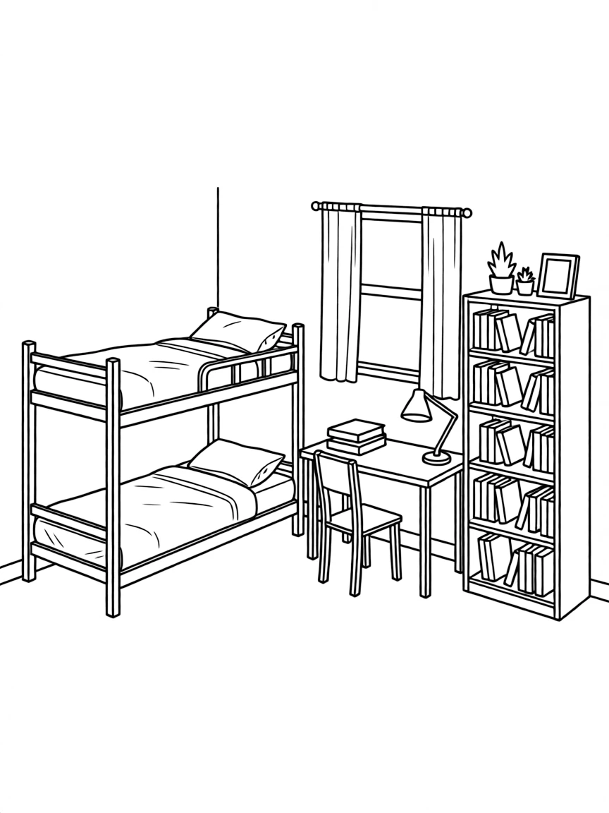 A college dorm room with a bunk bed, desk, and bookshelf