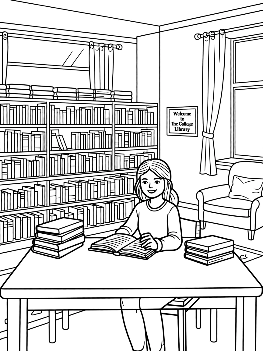 A cozy college library filled with books and a reading student