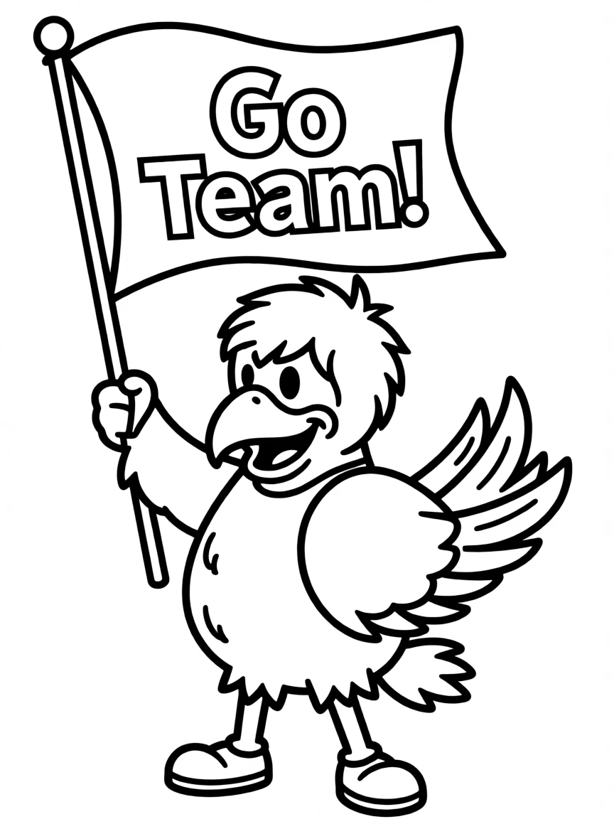 A college mascot waving a school flag