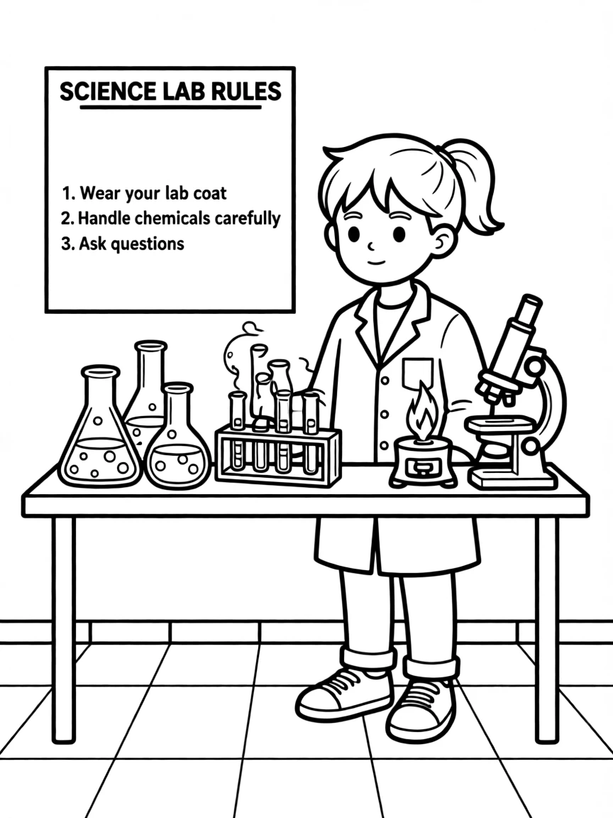 A science lab with beakers, test tubes, and a curious student