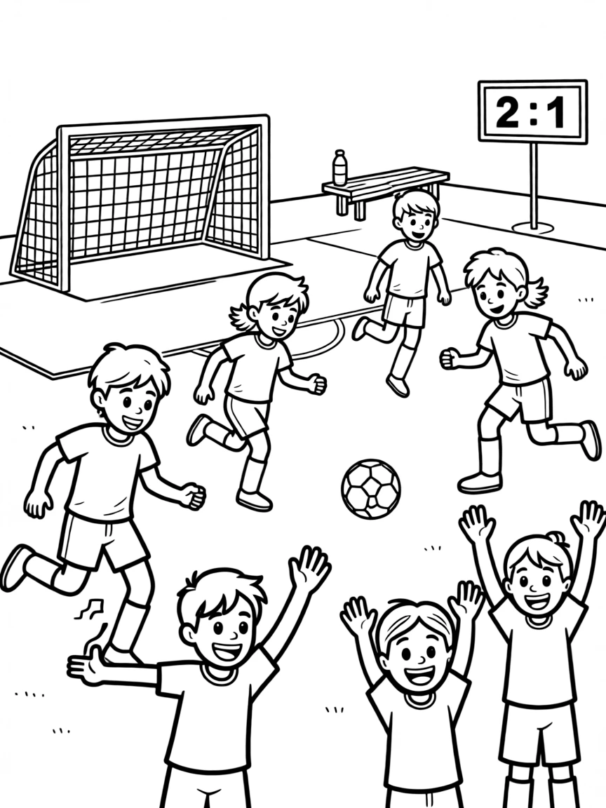 A sports field with students playing soccer and cheering