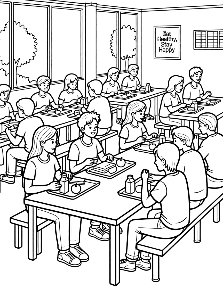 A college cafeteria with trays of food and students eating