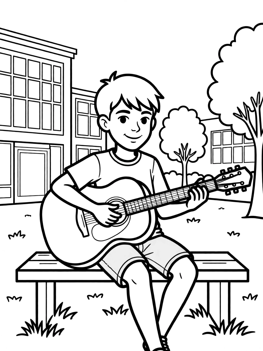 A music student playing guitar on campus