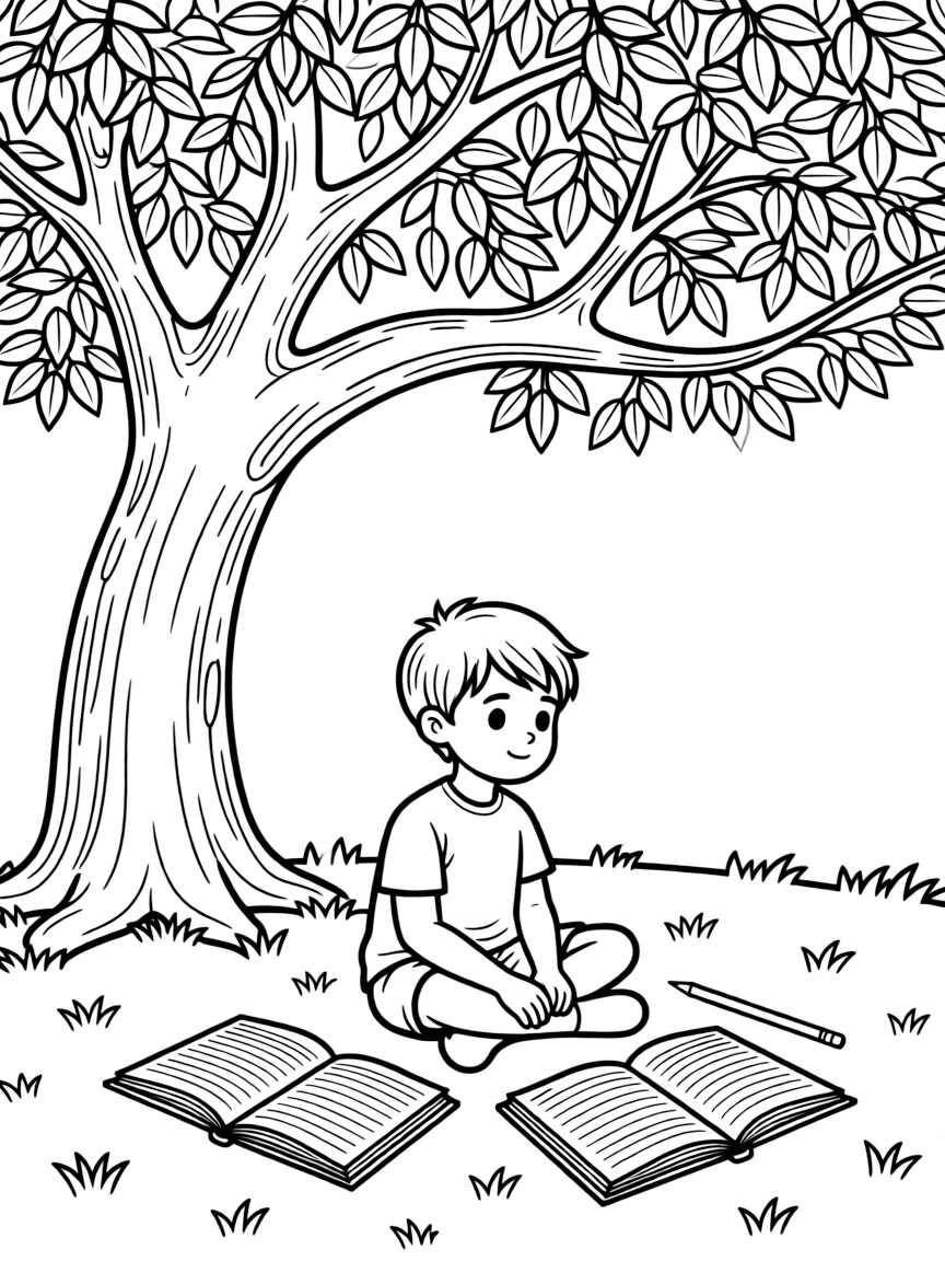 A student studying on the grass under a tree with notebooks