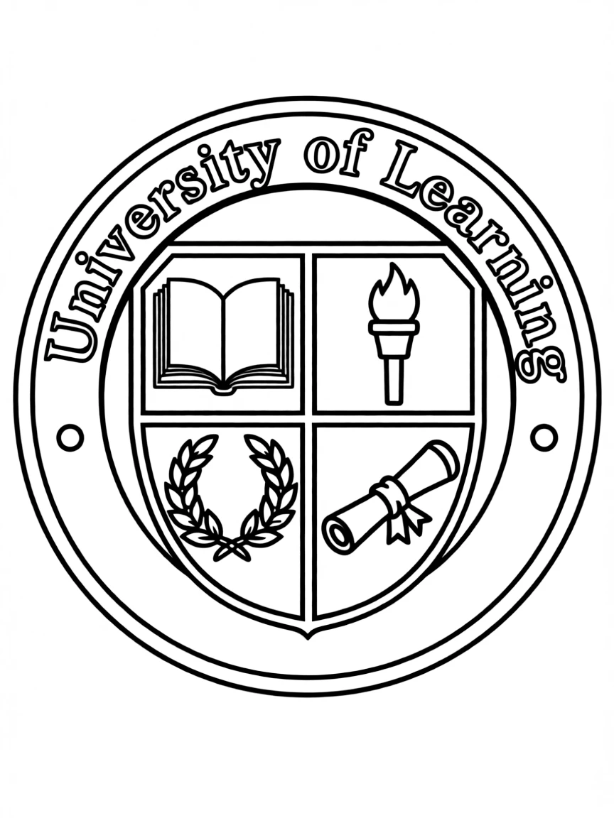 A university logo or crest with symbols like books and torches