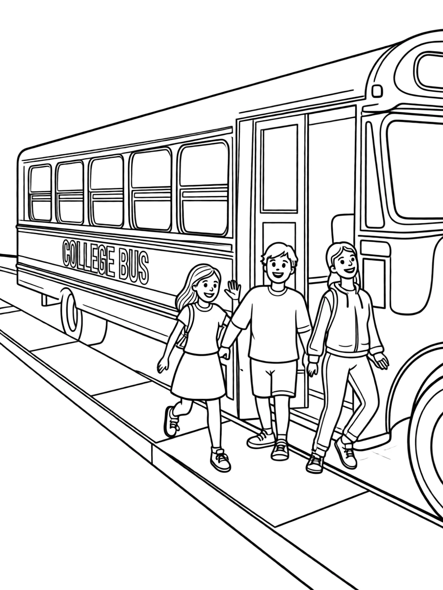 A college bus arriving with happy students getting off