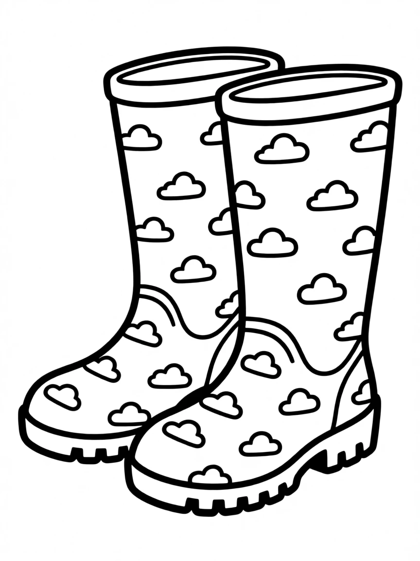 (clothing) A pair of rain boots with little clouds