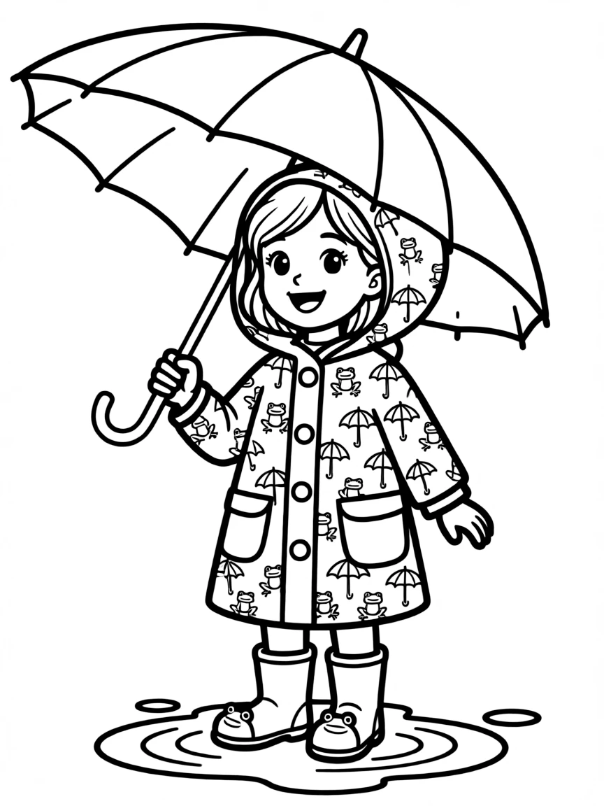 (clothing) A raincoat with frogs and umbrellas