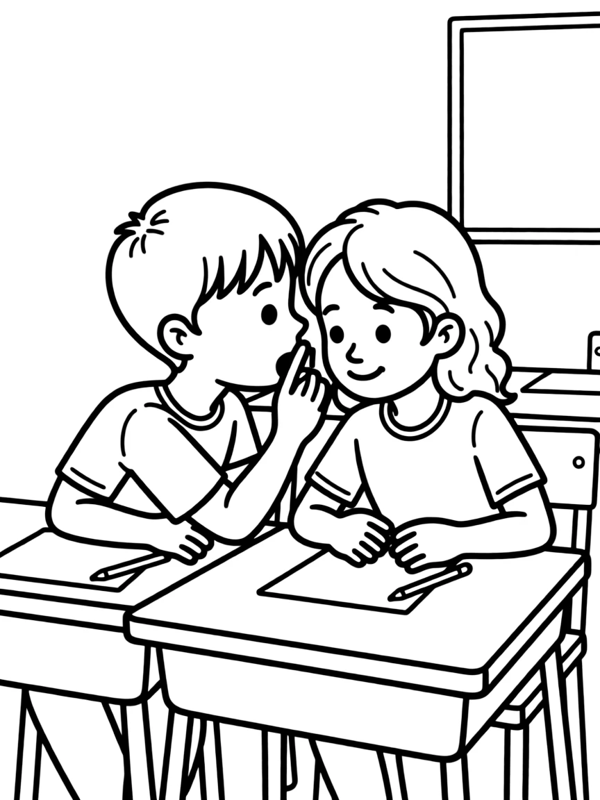 Two students talking secretly during a classroom quiz