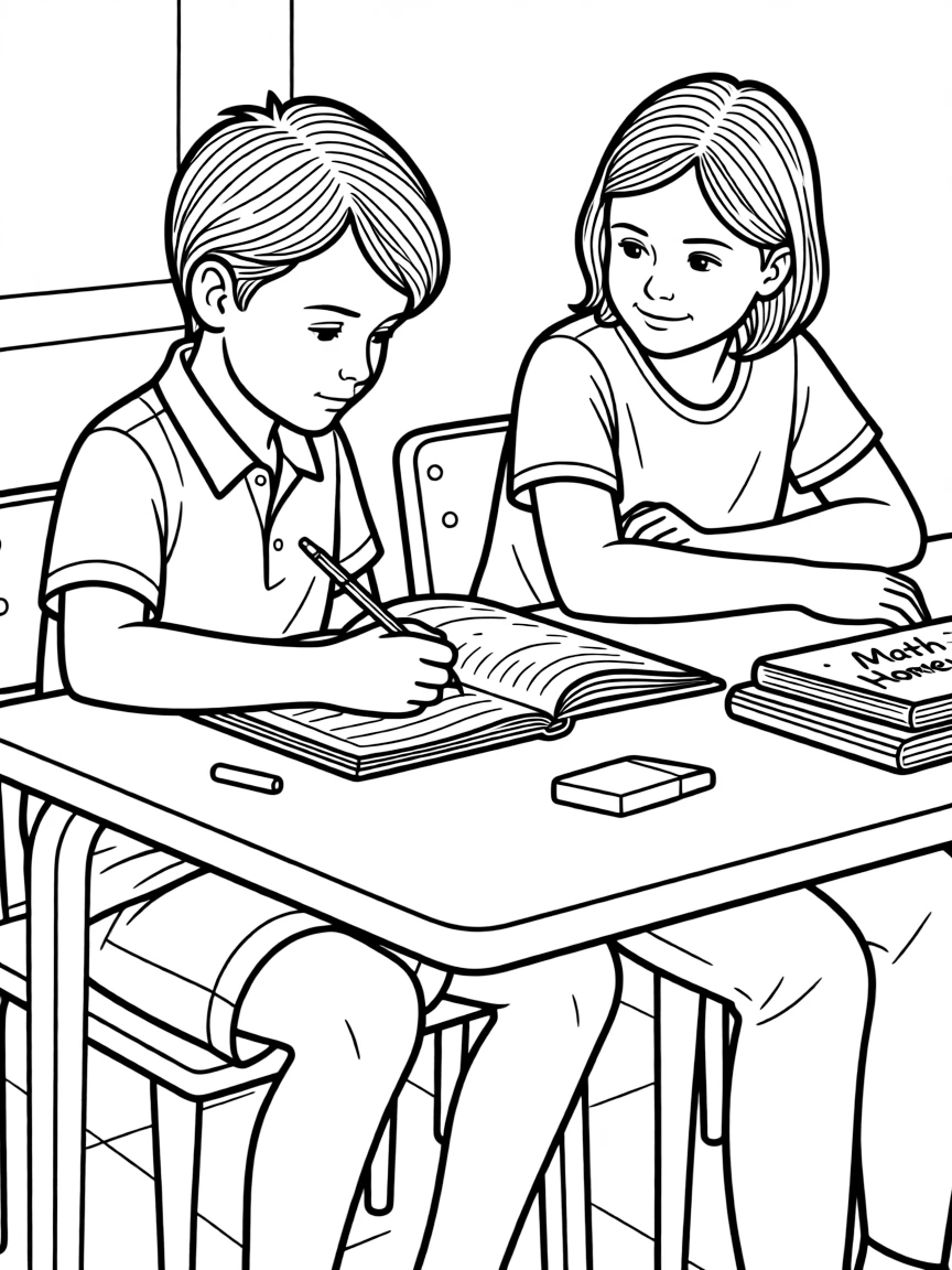 A child copying homework from a classmate