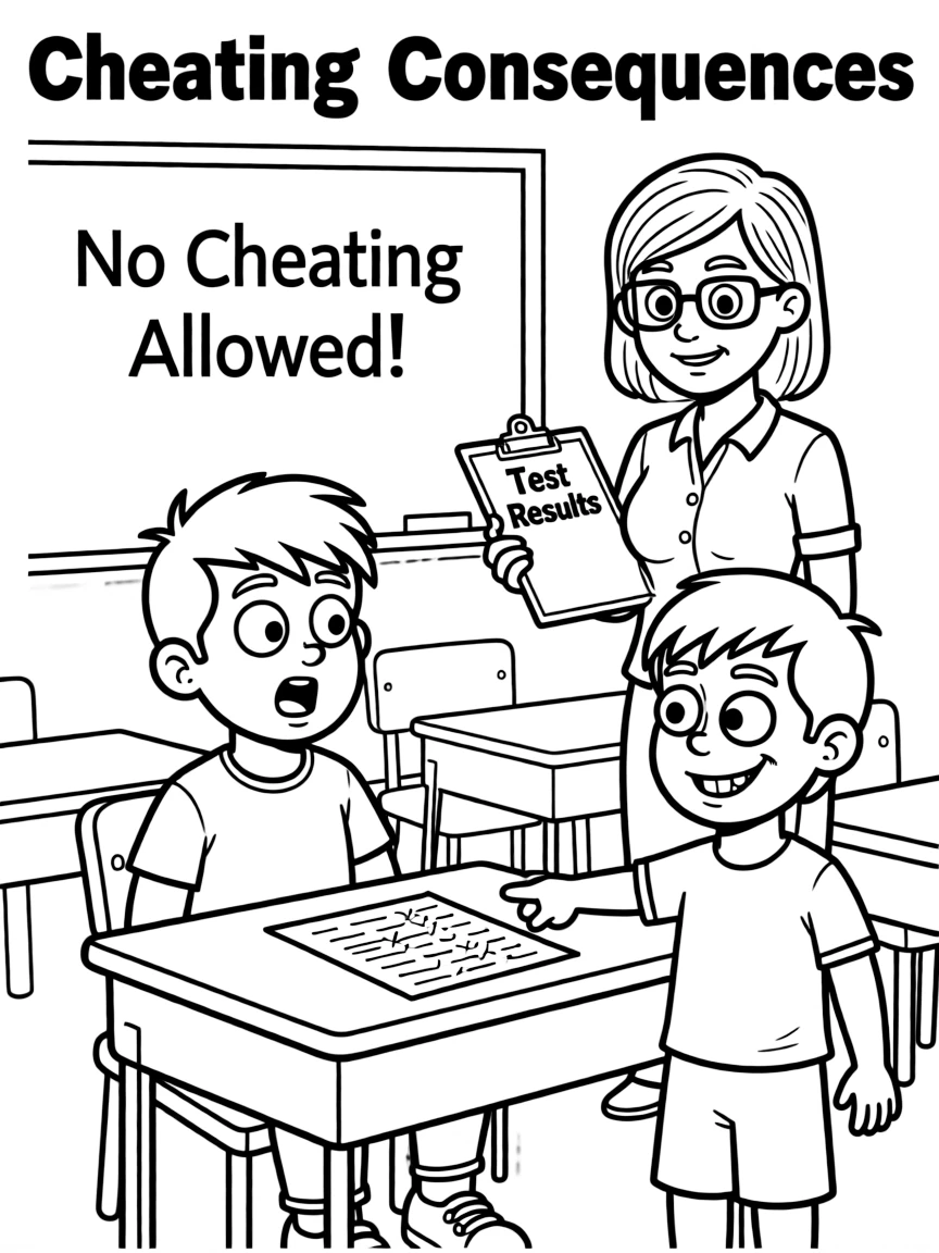 A comic-style “Cheating Consequences” scene with funny faces