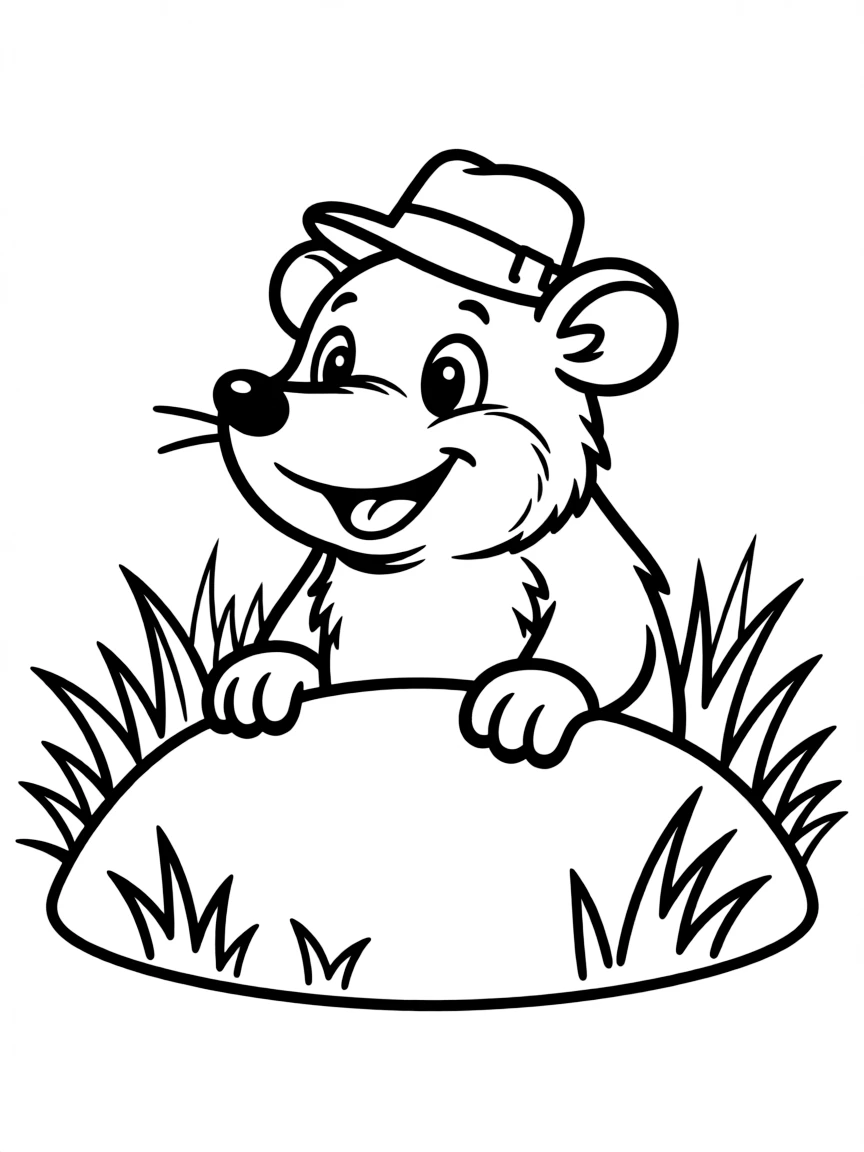 A friendly mole wearing a tiny hat, popping out of a grassy hill