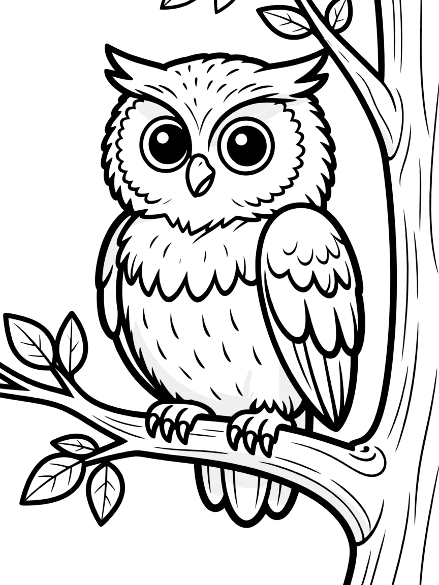A wise old owl sitting on a tree branch with big round eyes