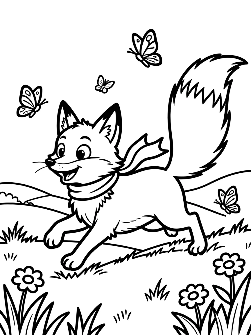 A playful fox with a bushy tail chasing butterflies in a meadow