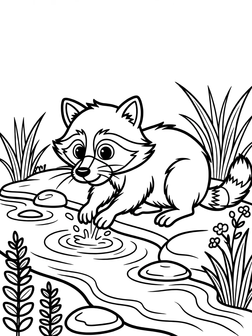 A curious raccoon washing its paws by a stream