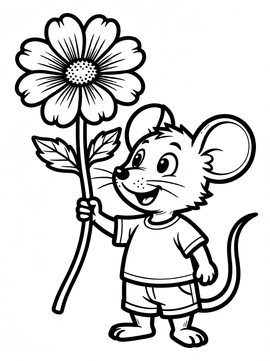 A brave little mouse holding a flower twice its size