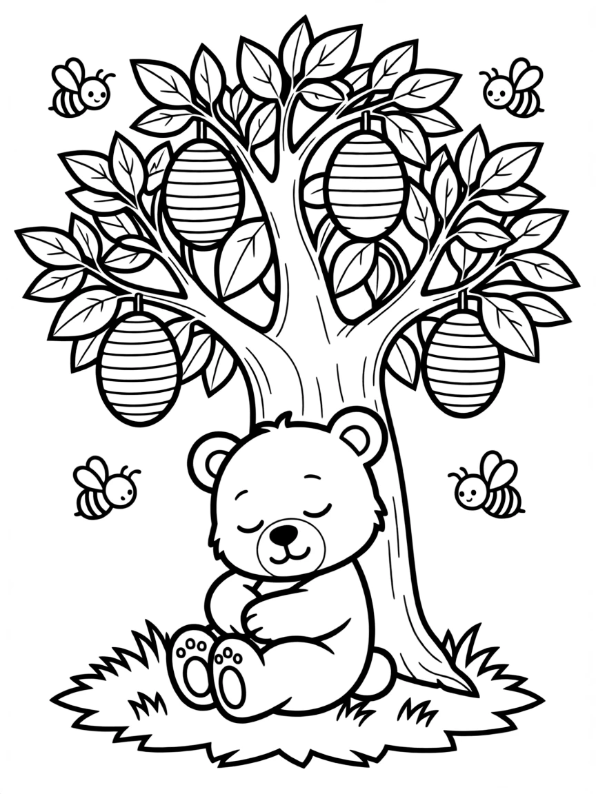 A sleepy bear cub sitting under a honey tree