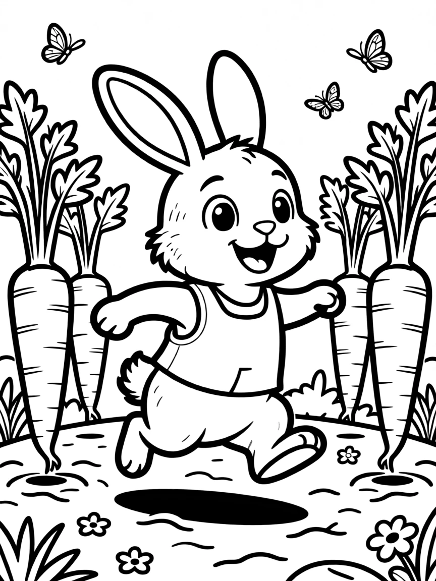 A cheerful rabbit hopping through a garden of carrots