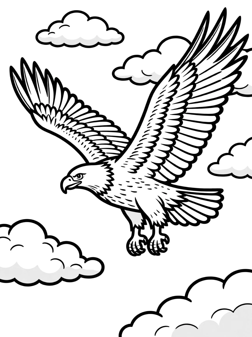 A majestic eagle soaring through fluffy clouds