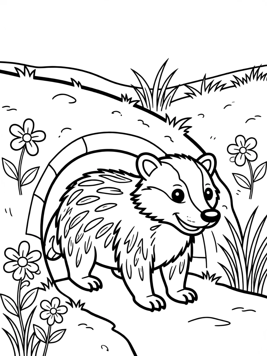 A friendly badger emerging from its underground home
