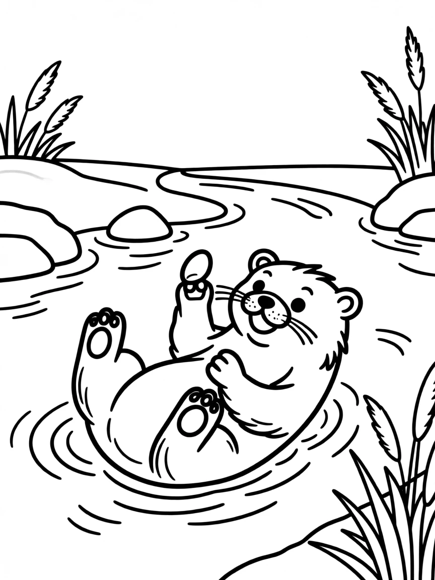 A playful otter floating on its back in a river