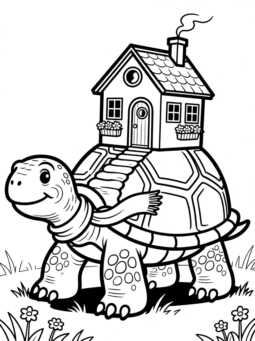 A wise turtle carrying a tiny house on its shell