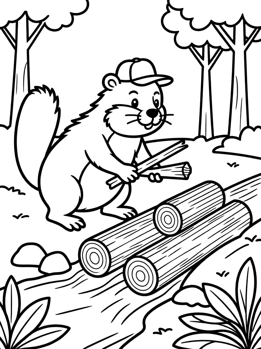 A busy beaver building a dam with logs and sticks