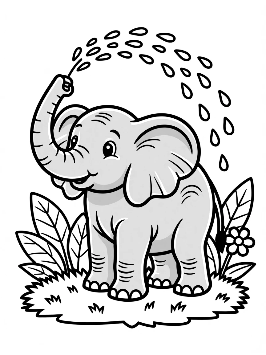 A gentle giant elephant spraying water with its trunk