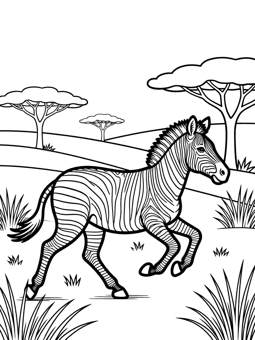 A striped zebra galloping across the African savanna