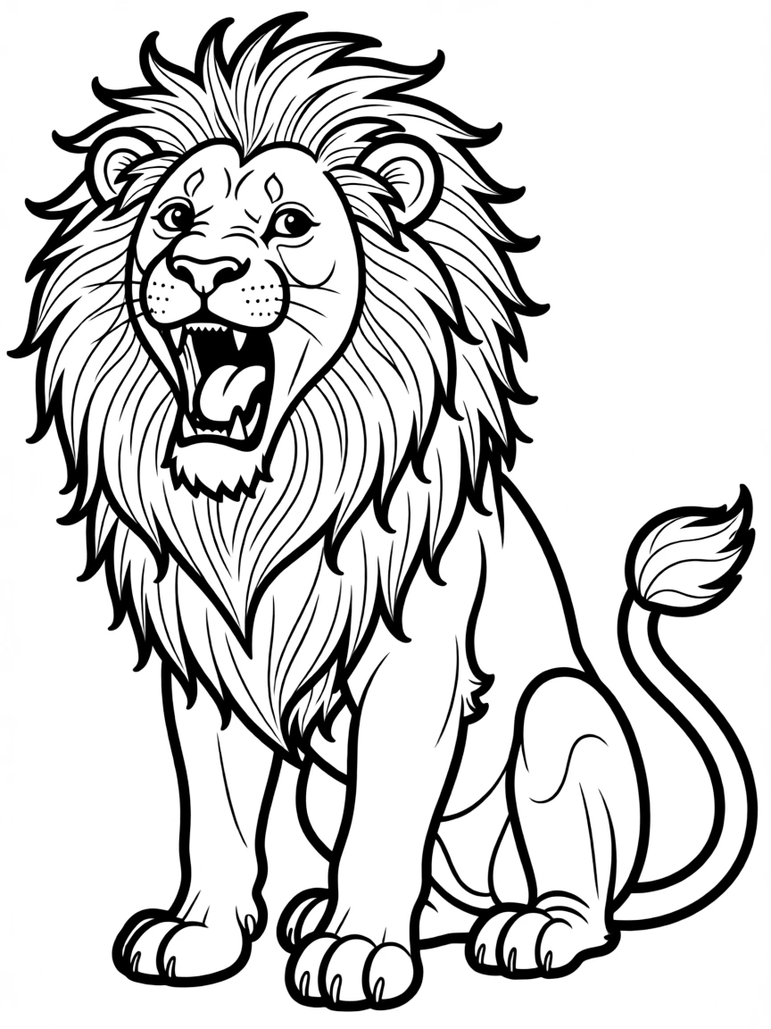 A roaring lion with a magnificent mane sitting proudly