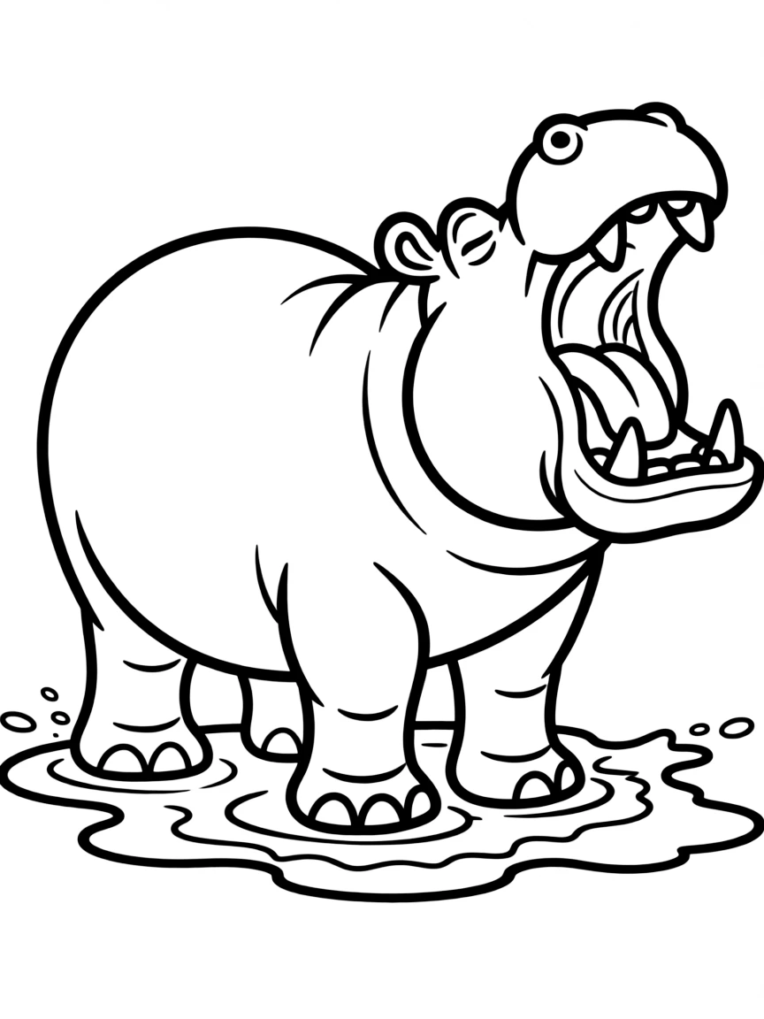 A heavy hippo yawning while standing in mud