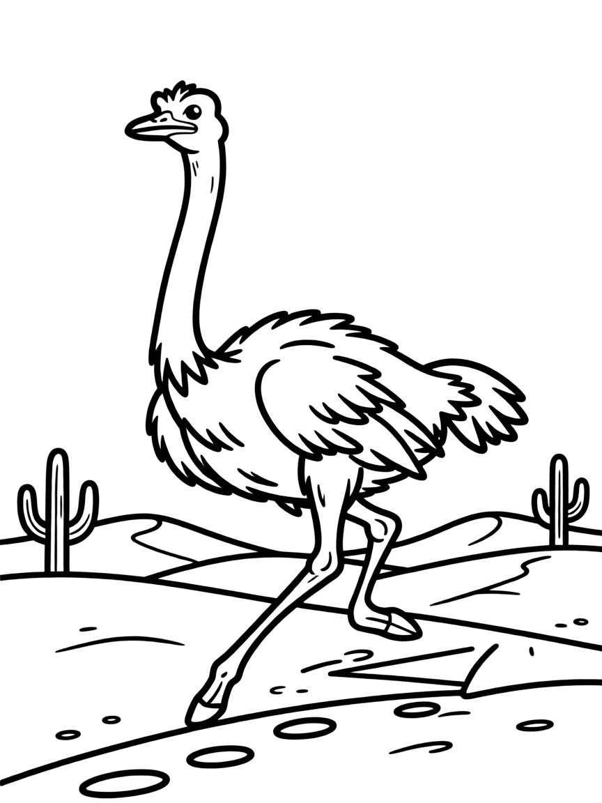 A long-necked ostrich running across the desert