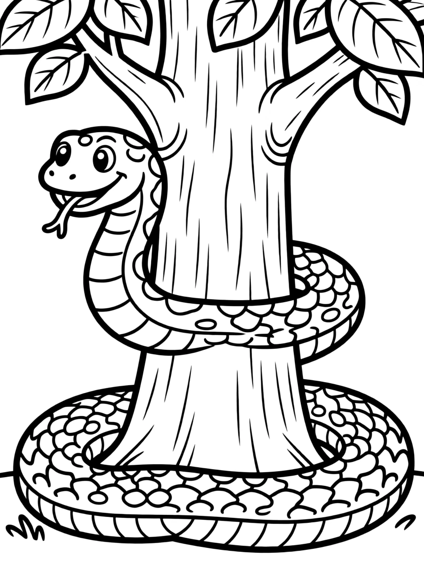 A slithering snake coiled around a tree trunk