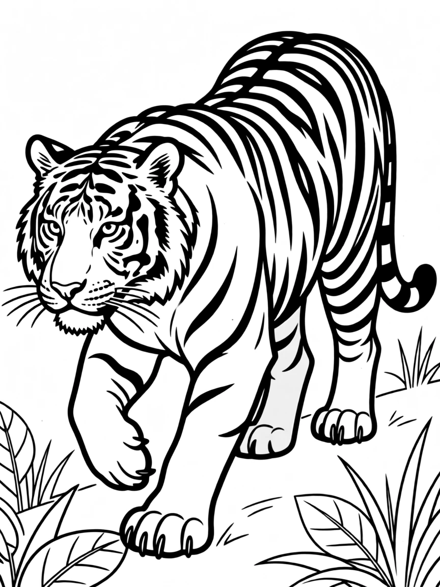 A fierce tiger with bold black stripes prowling