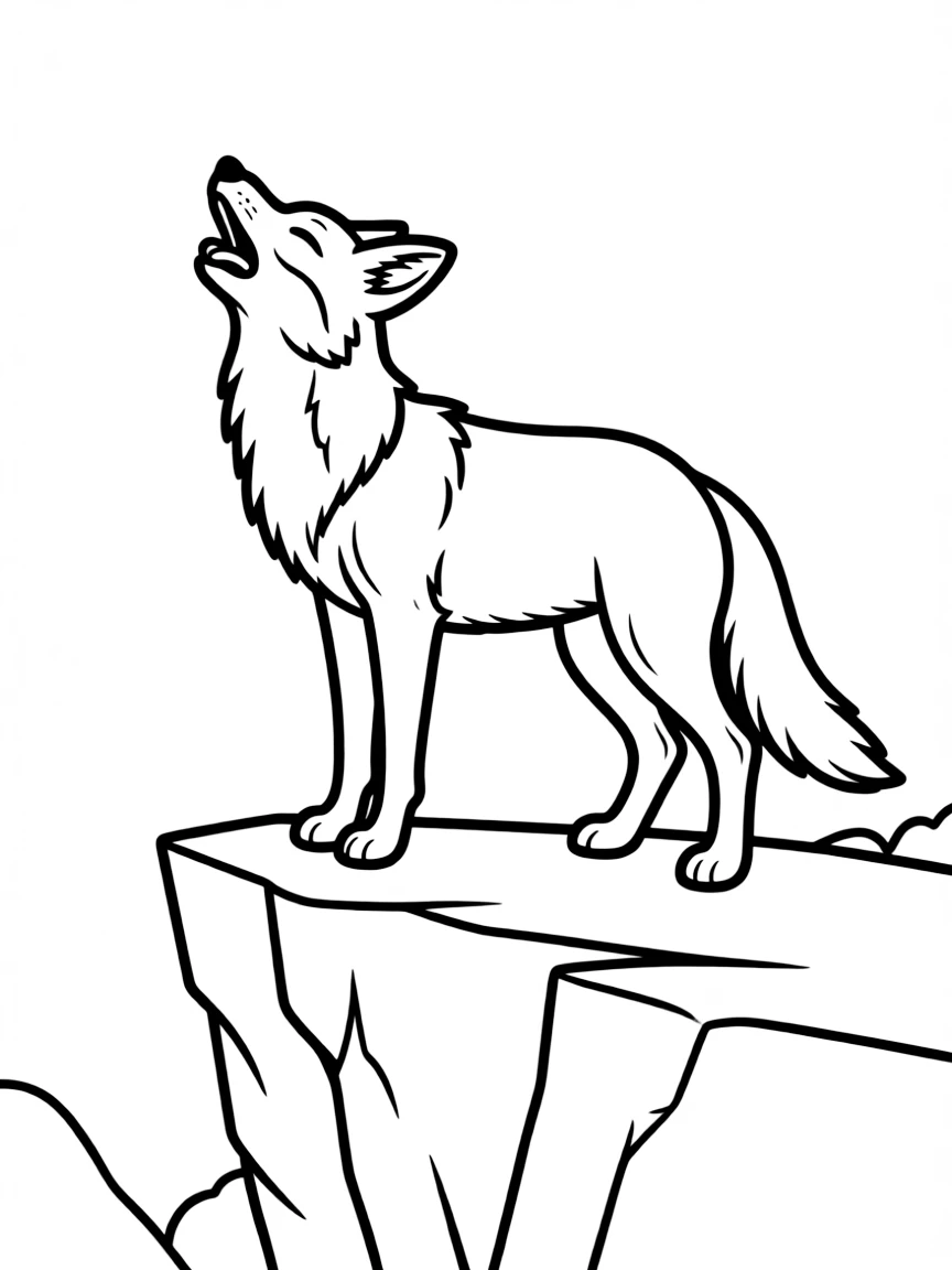 A howling coyote standing on a rocky cliff