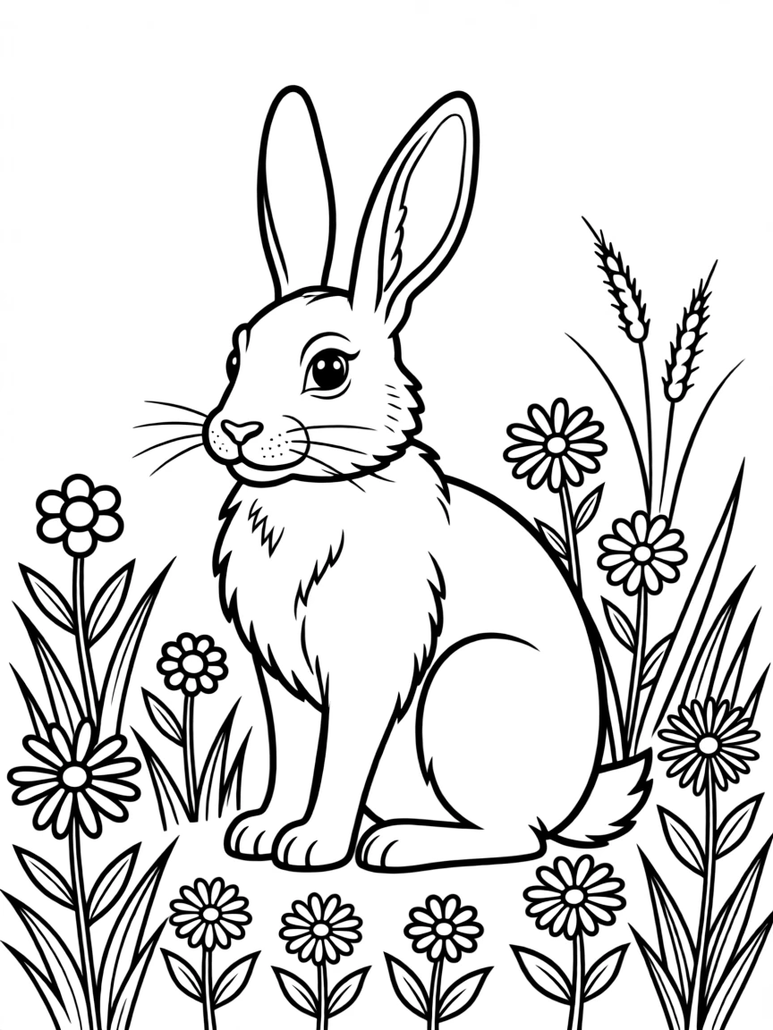 A long-eared hare sitting in a field of wildflowers