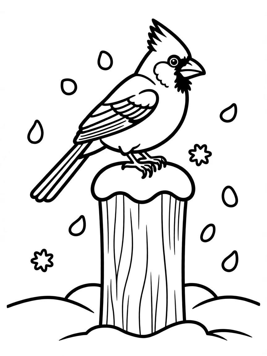 A red cardinal perched on a snowy fence post