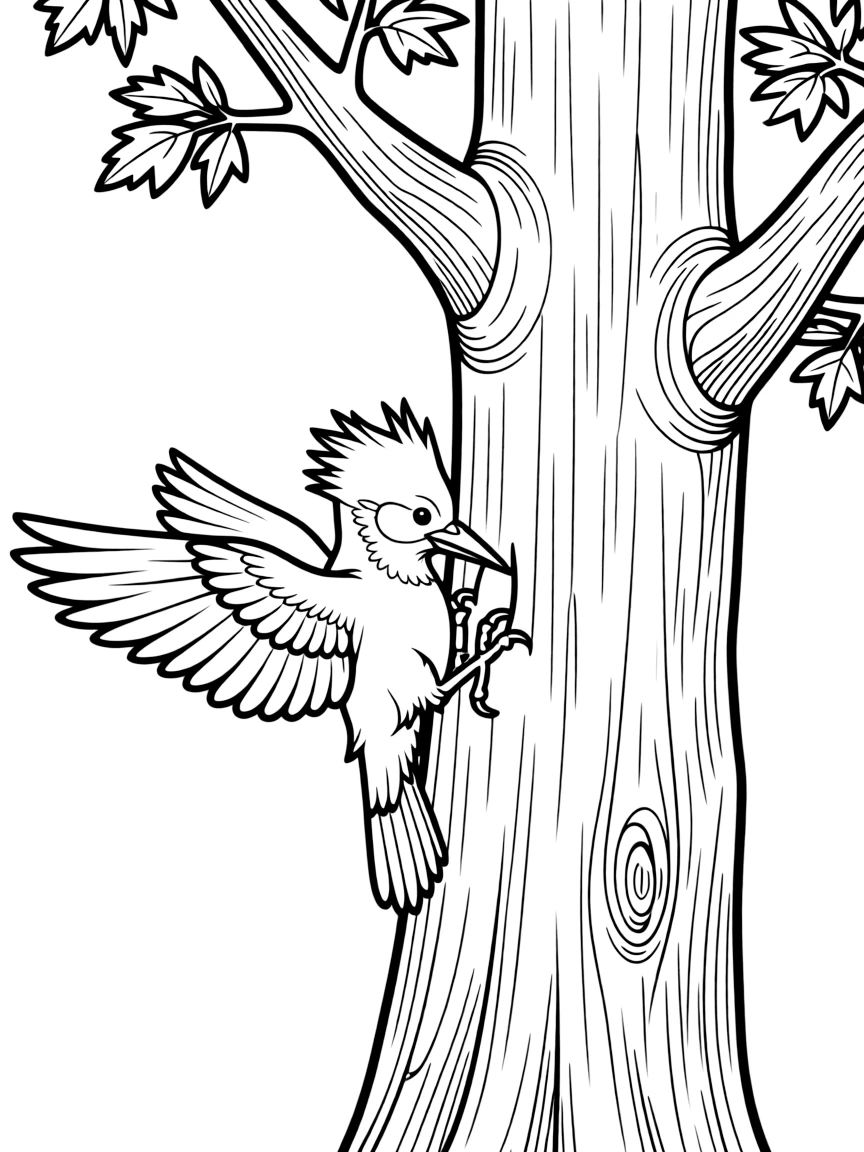 A busy woodpecker tapping on an old oak tree