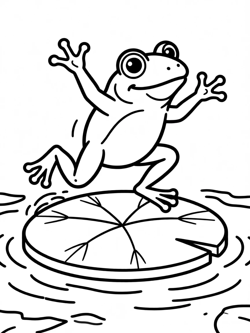 A leaping frog sitting on a lily pad