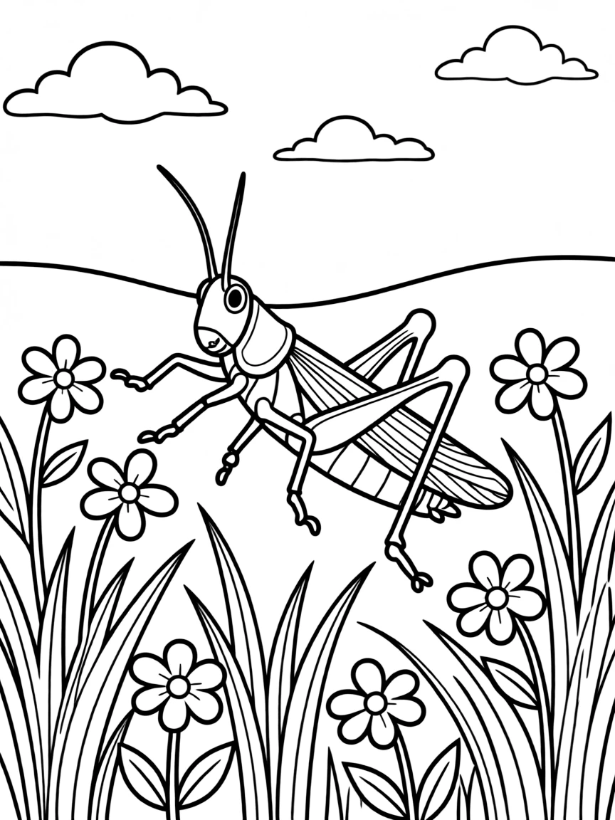 A hopping grasshopper in a summer meadow