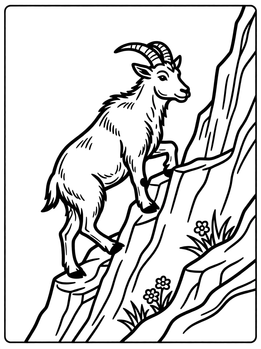 A climbing mountain goat on steep rocky cliffs