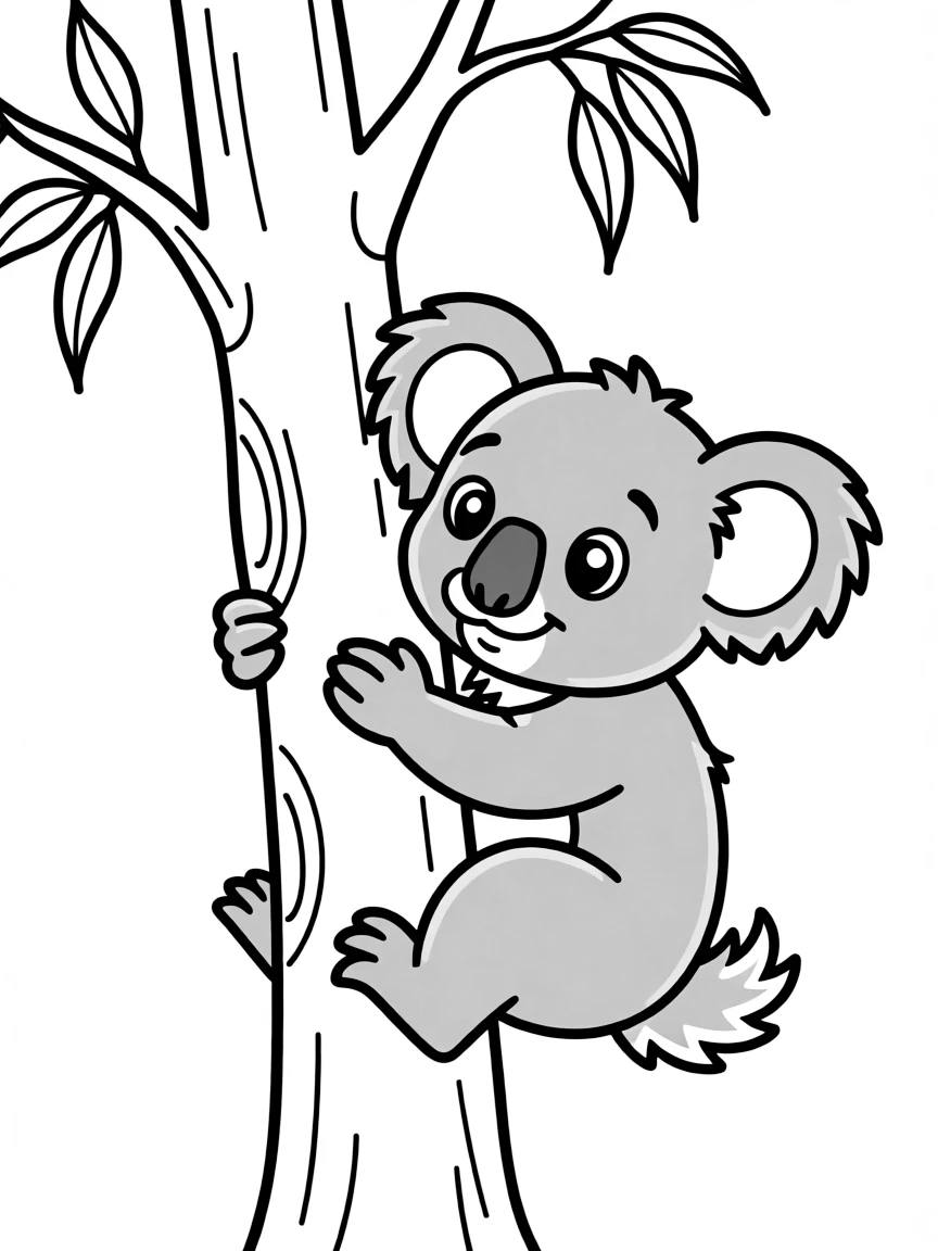 A climbing koala hugging a eucalyptus tree