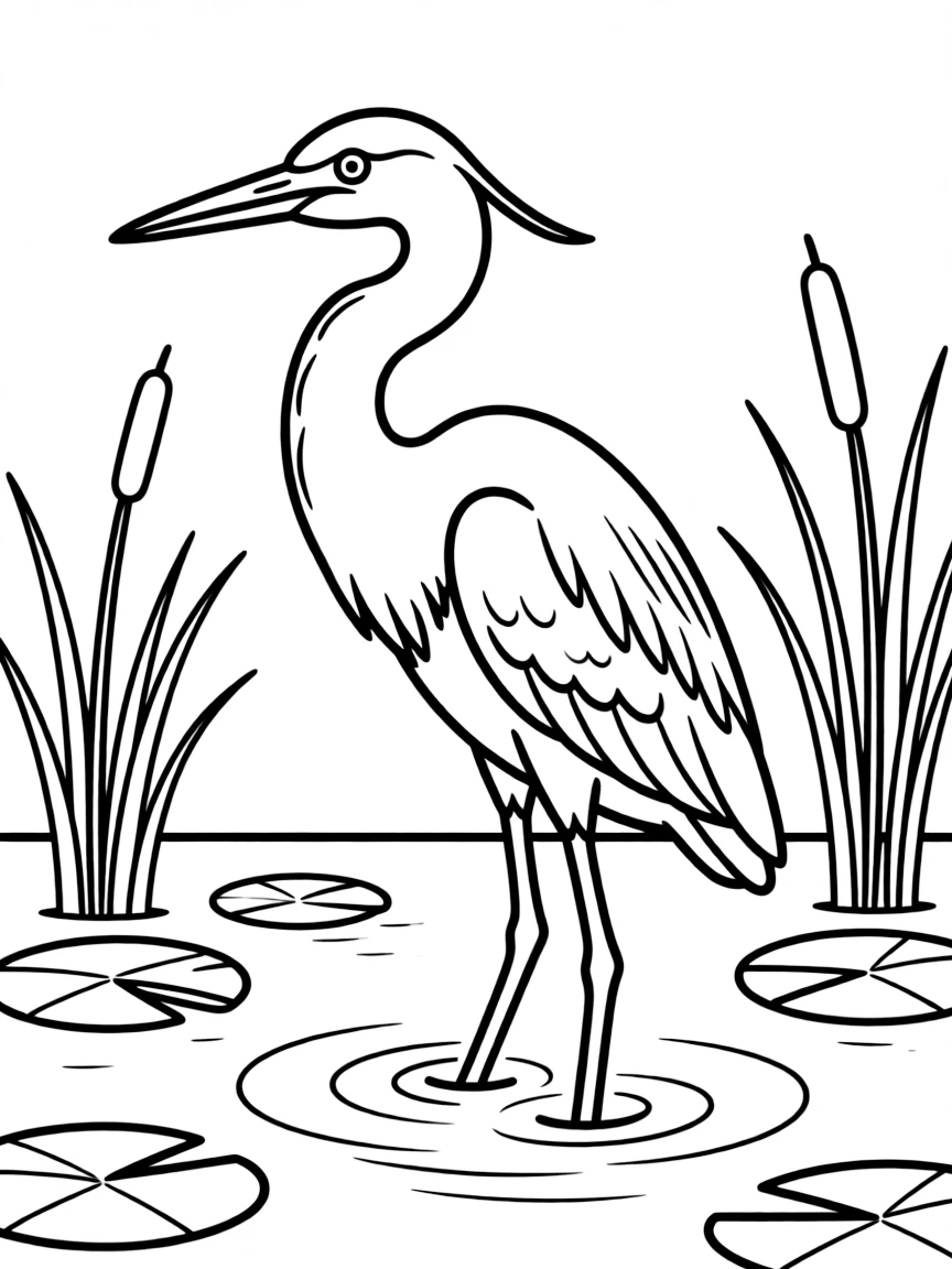 A wading heron standing still in shallow water