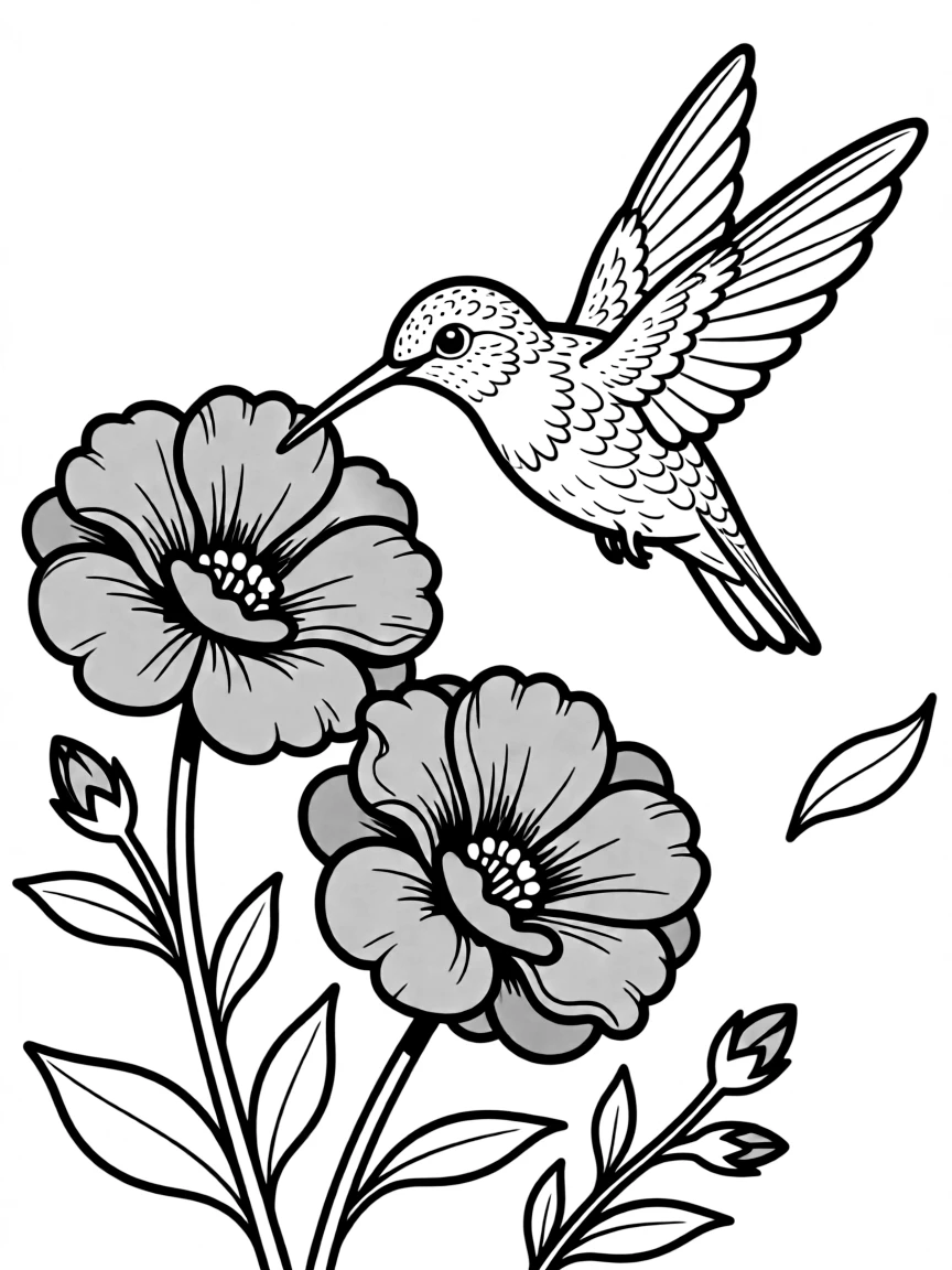 A tiny hummingbird hovering near red flowers