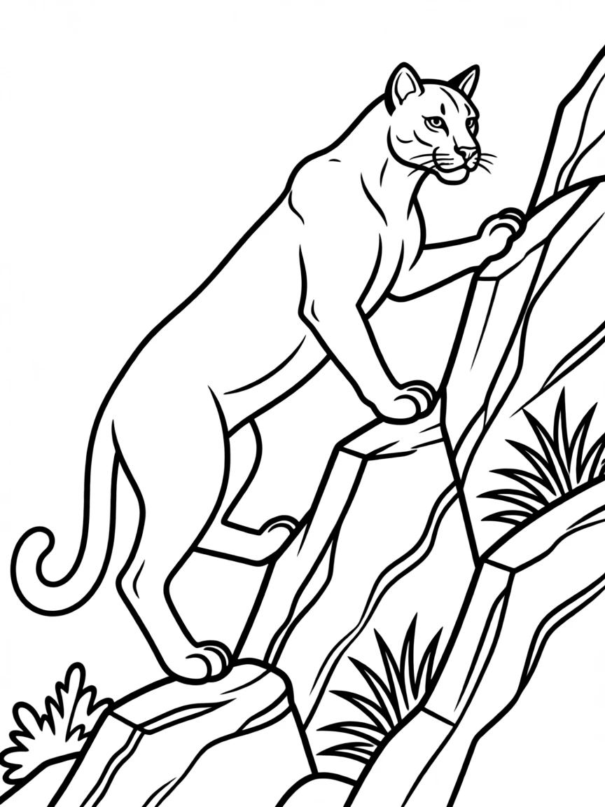 A climbing mountain lion on rocky ledges