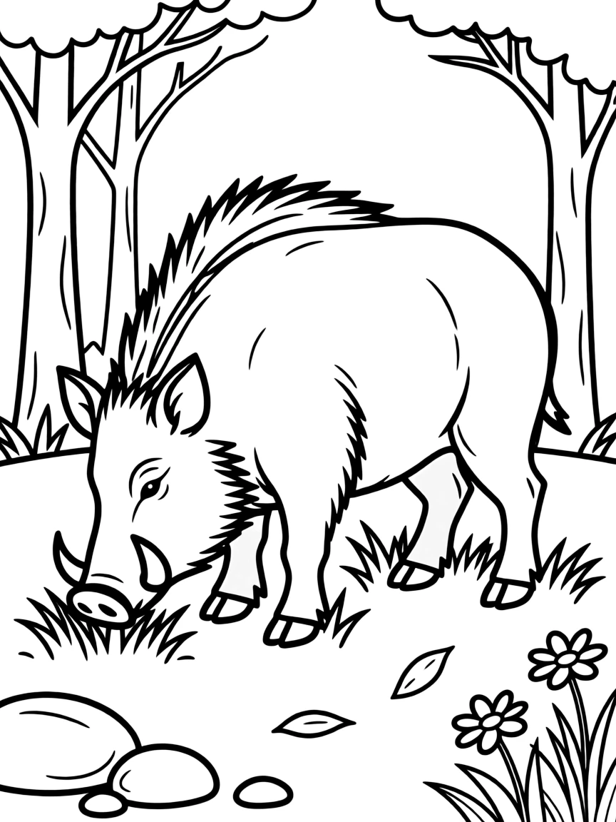 A grazing wild boar with small tusks