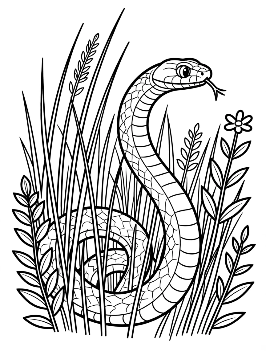 A slithering grass snake hiding in tall weeds