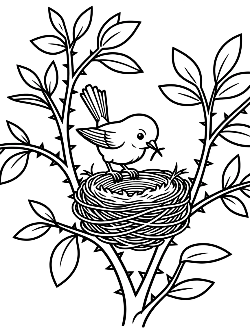 A tiny wren building a nest in thorny bushes