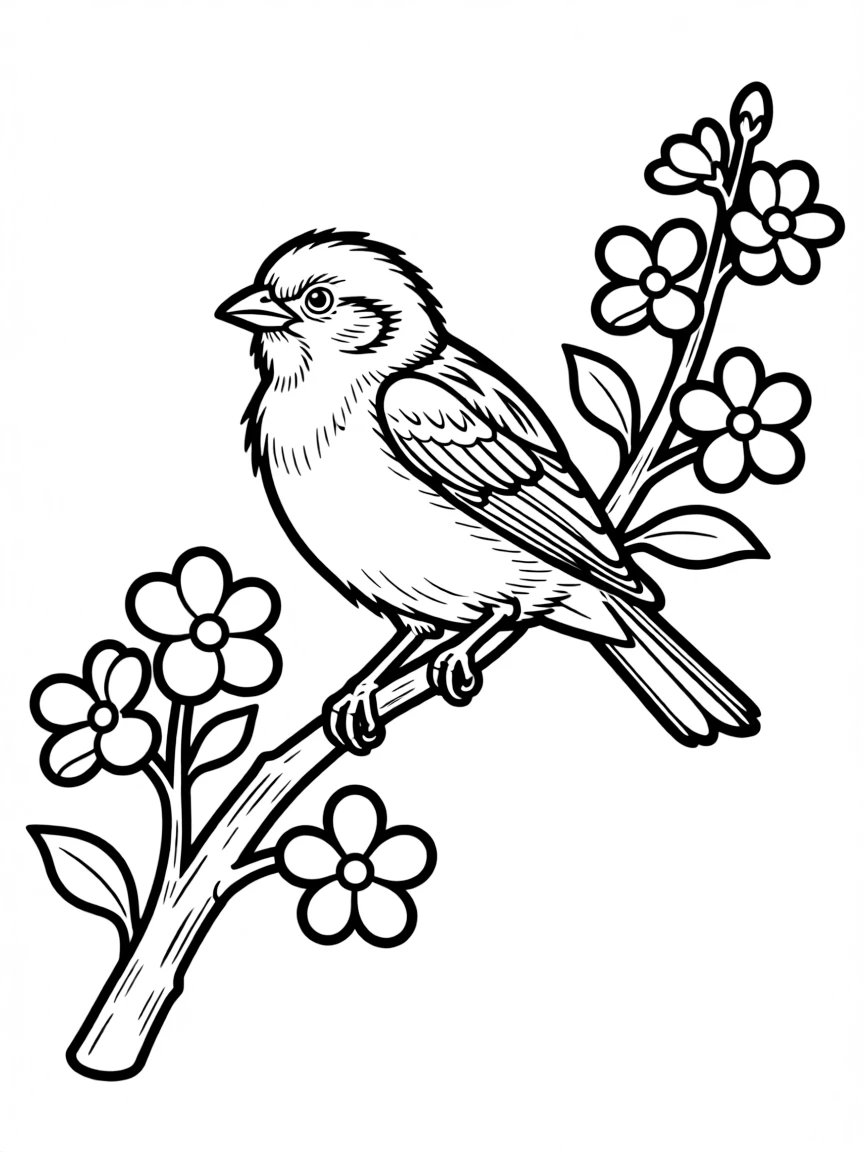 A perching sparrow on a flowering branch
